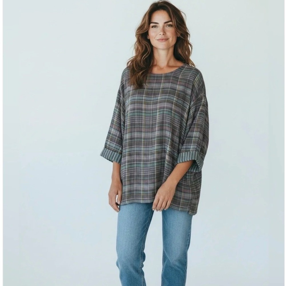J. Jill  Plaid Cotton Guazy Tunic Hi Lo Hem SzM Lagenlook Fall Moody Transition